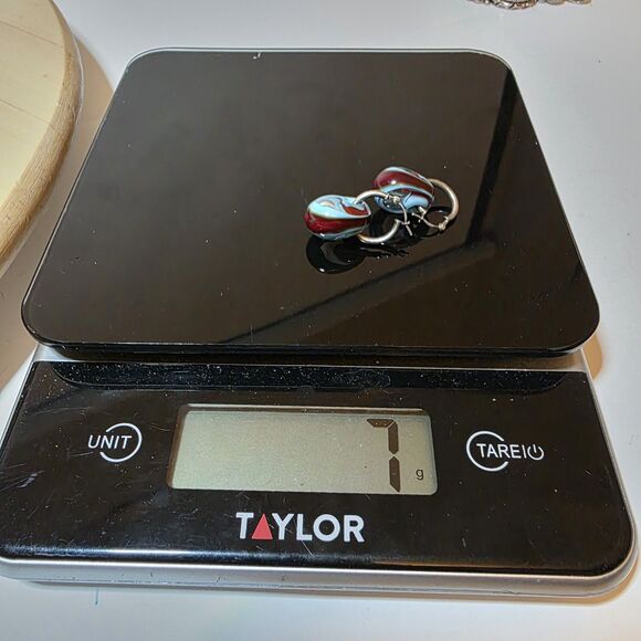 Sterling Silver 925 Hoopdangle Earrings Lamp Work Glass Beads Red / Blue Swirls - Picture 5 of 6